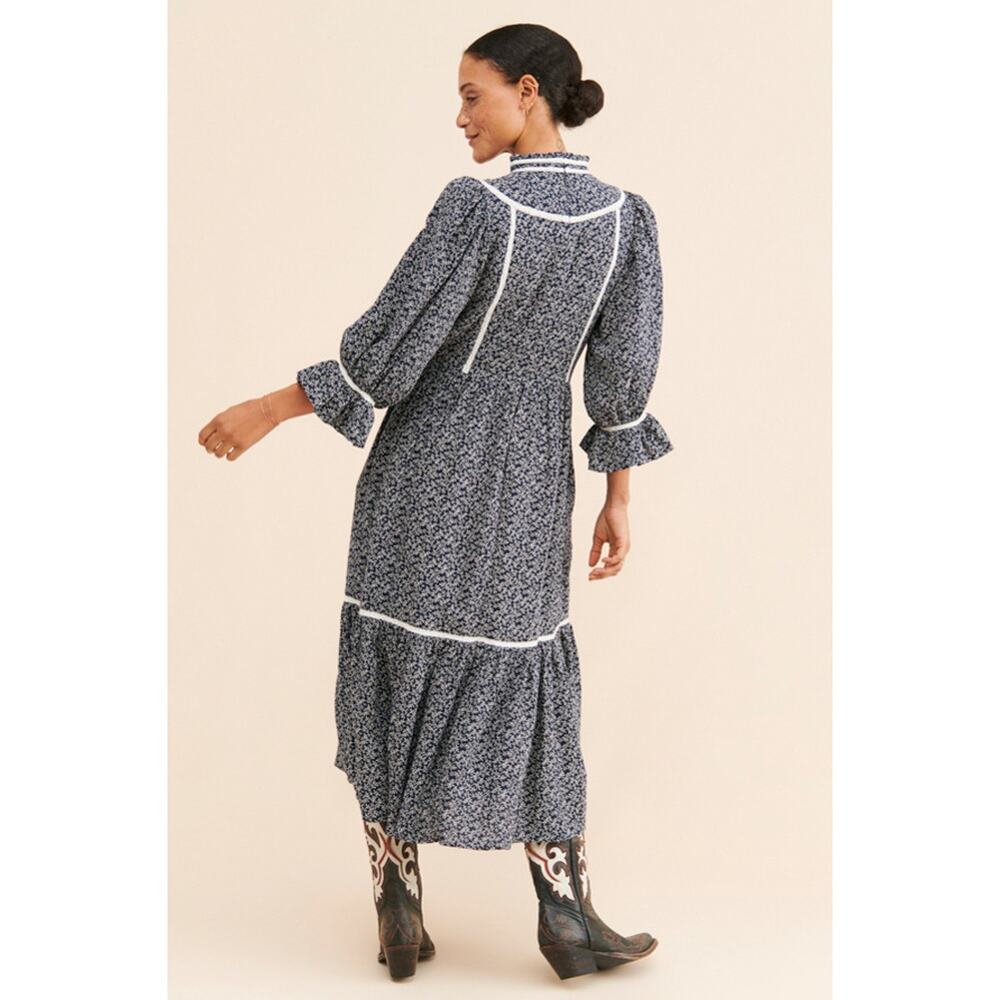 Anthropologie Meadows Amaryllis Blue White Floral Peasant Boho Dress Size 6 - Picture 2 of 7